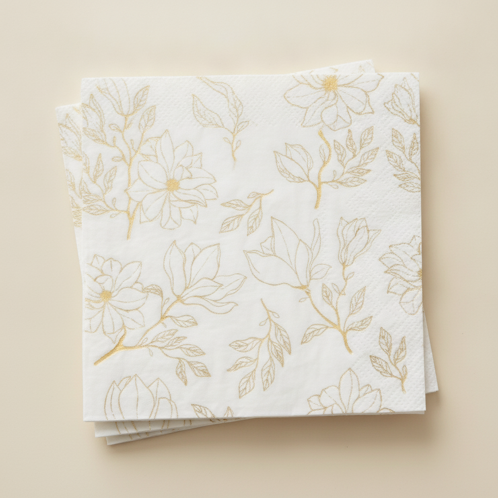 Macro close-up of a stack of white and gold floral paper cocktail napkins