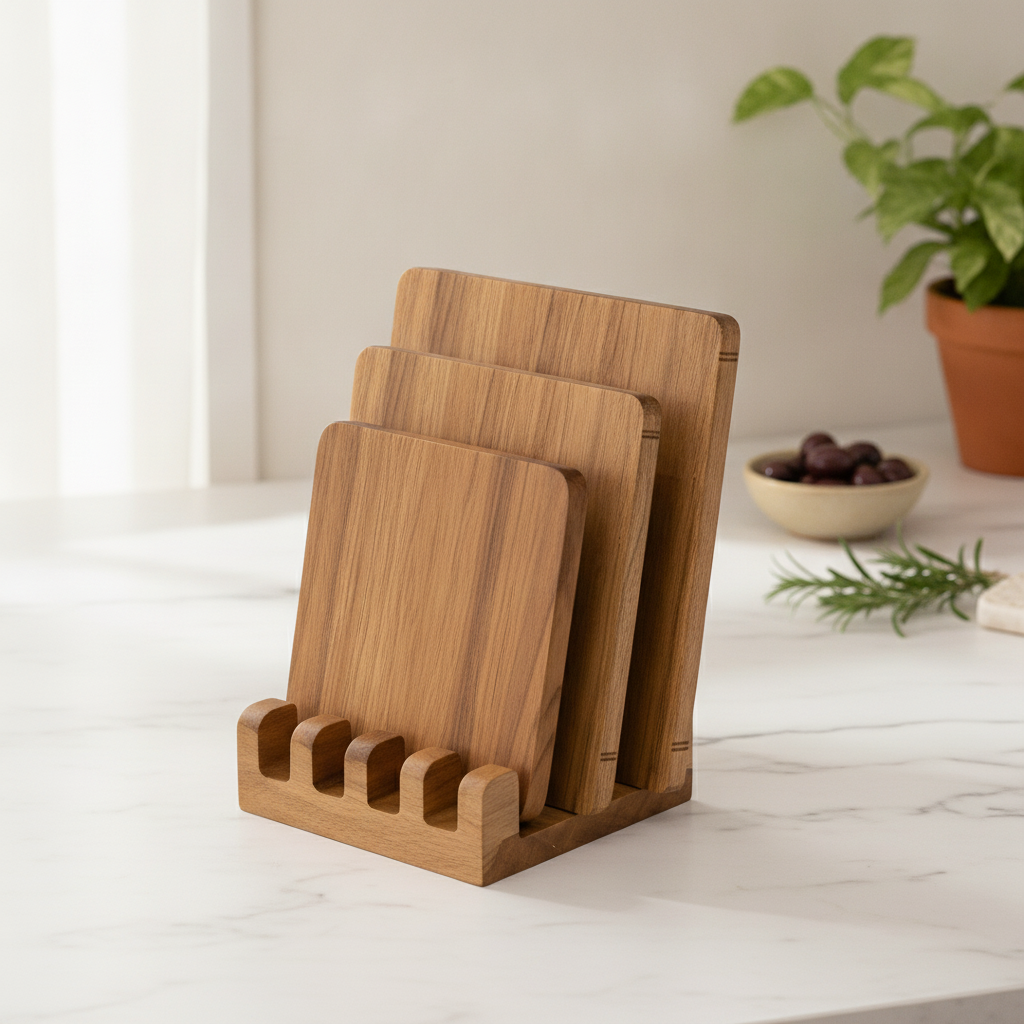 Biblioteca book-shaped acacia cutting boards standing in their base on a marble counter