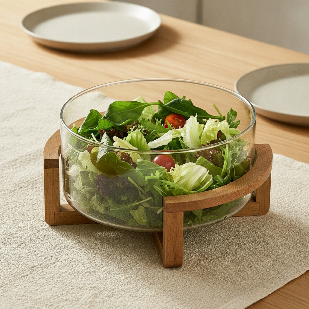 Glass bowl on crossed-wood cradle holding a fresh green salad as a table centrepiece