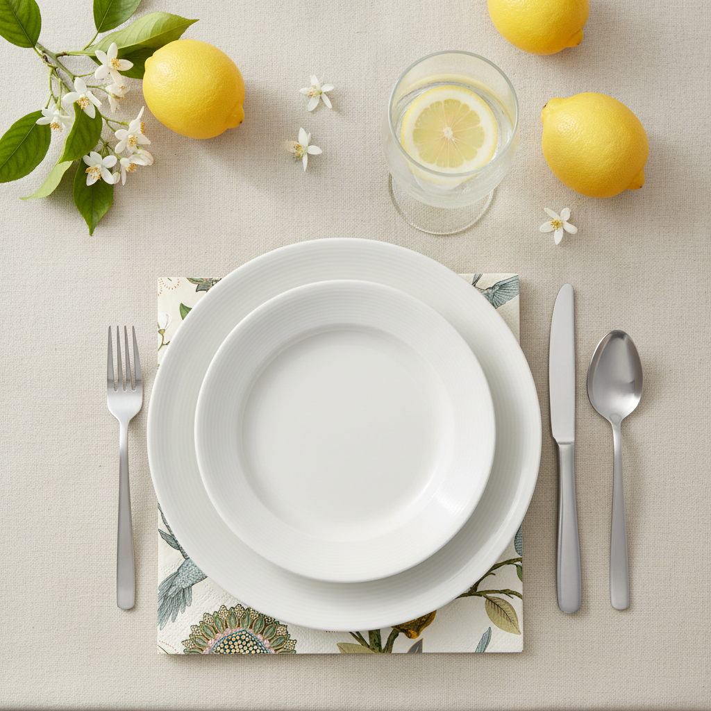 Styled summer tablescape flat-lay with lemon and blue bird paper napkins and fresh lemons