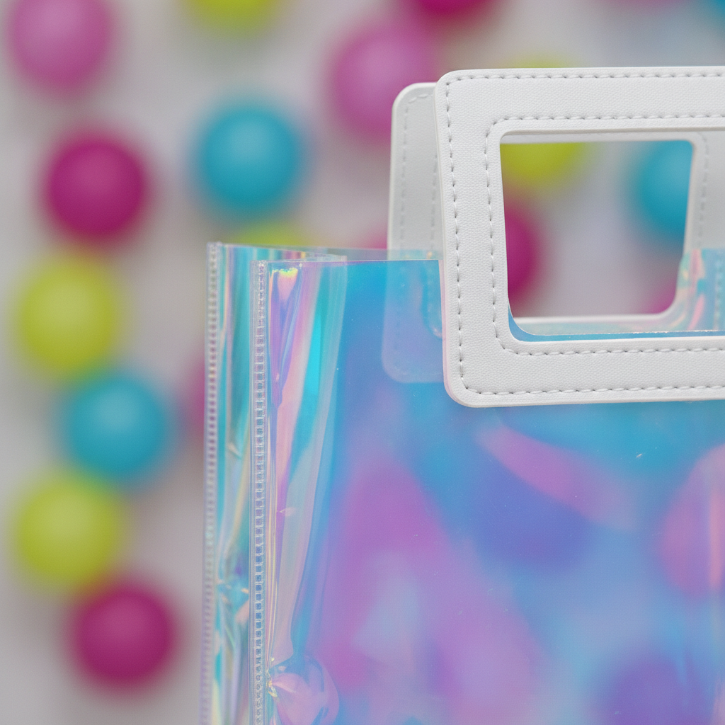 Macro close-up of iridescent holographic PVC gift tote shimmer and white handle