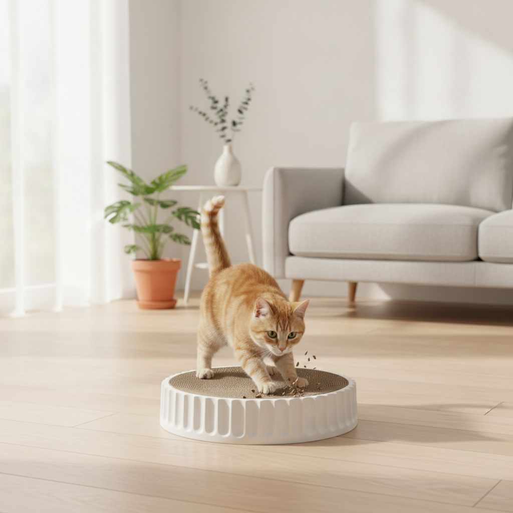 Round white cardboard cat scratcher with tabby cat scratching in modern living room