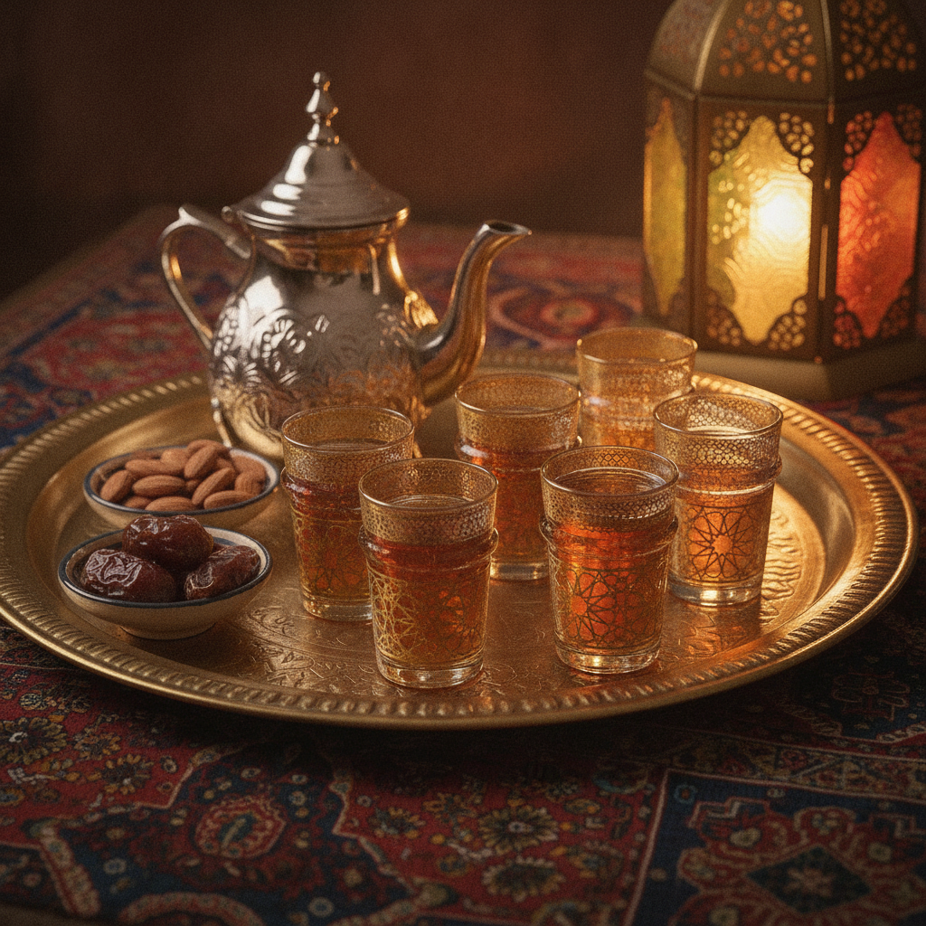 Moroccan tea service on a brass tray with the gold tea glasses, teapot and dates