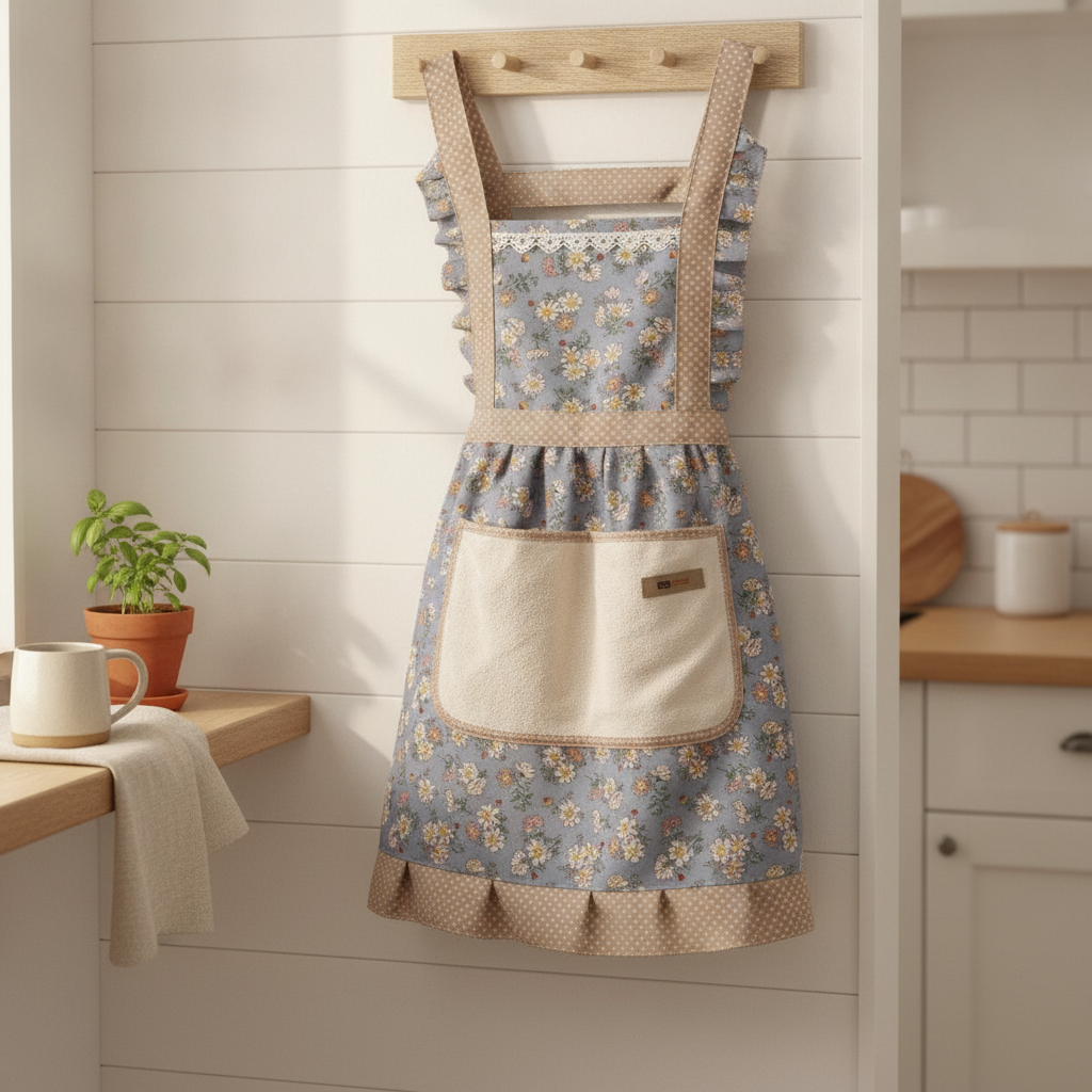 Floral apron hung on a wooden hook in a bright farmhouse kitchen