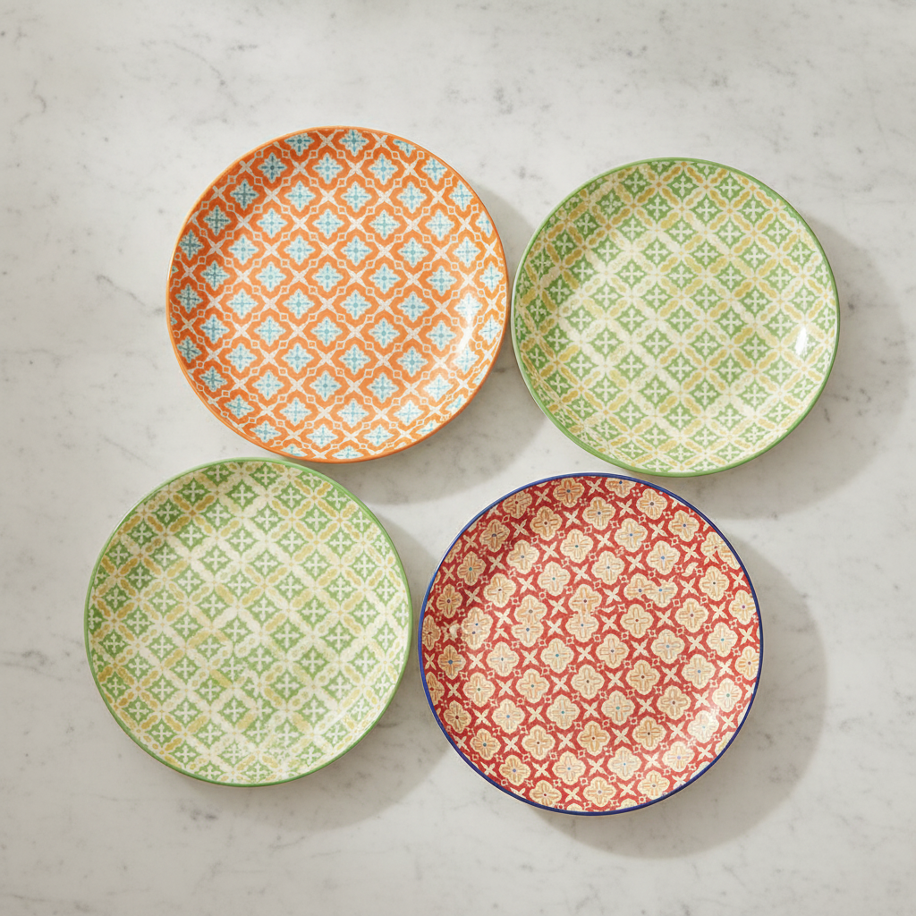 Fanned arrangement of vibrant geometric ceramic plates showing different patterns on marble