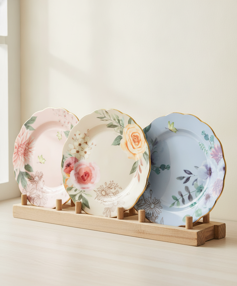 Three floral porcelain plates displayed on a wooden plate rack