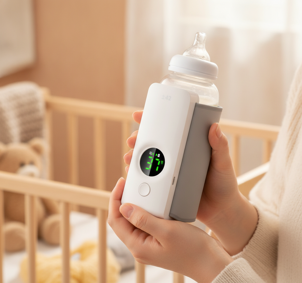 Parent holding the wireless bottle warmer warming a bottle in a cozy nursery