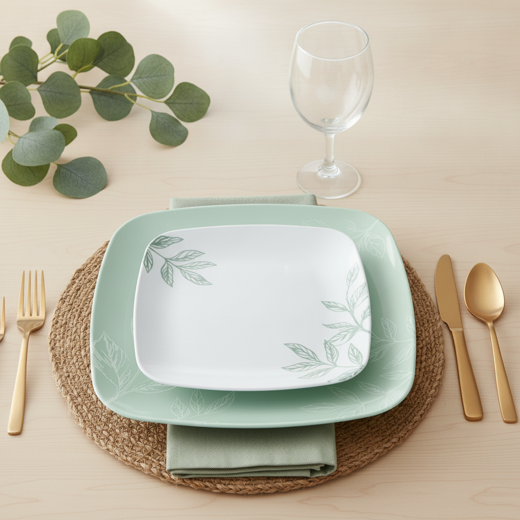 Mint-green and leaf-print plate place setting with gold cutlery and eucalyptus