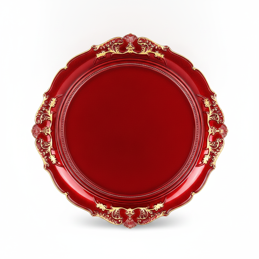 Single deep-red embossed gold-accented charger plate at an angle on a white background