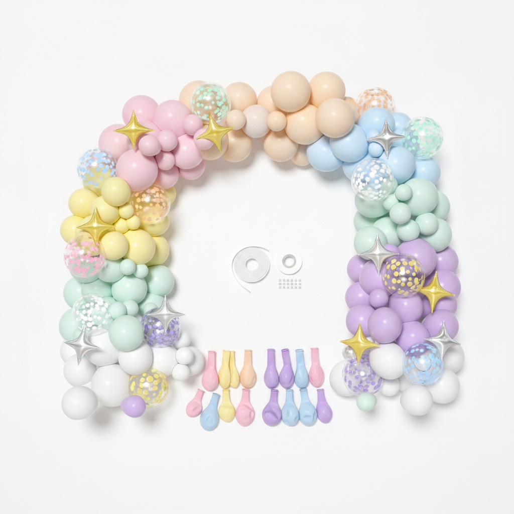 Flat-lay of the pastel balloon garland kit contents sorted by color with balloon tape and glue dots