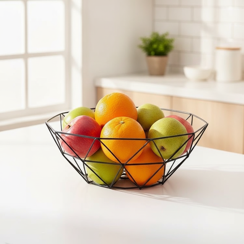 Black ironwork fruit basket filled with apples, oranges and pears on a counter