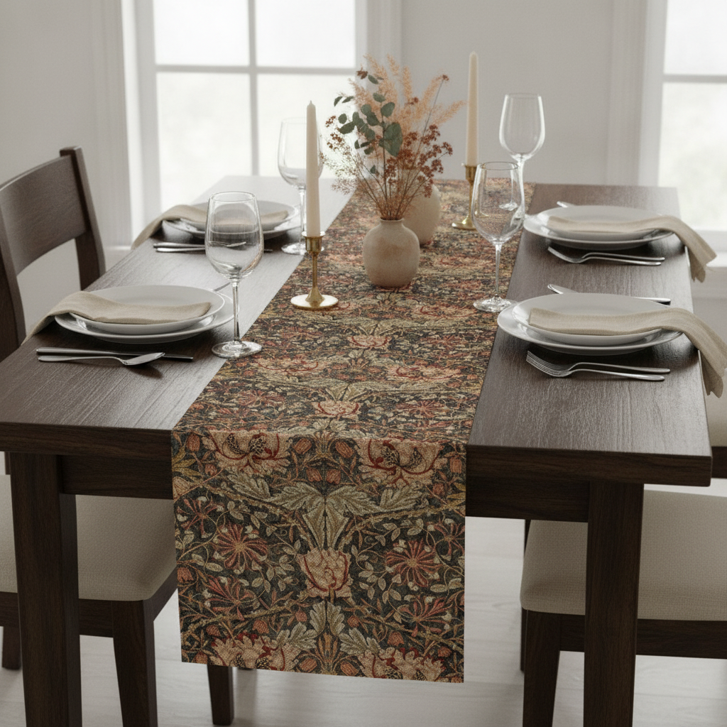 Charcoal honeysuckle floral runner styled down the center of an elegant set dining table