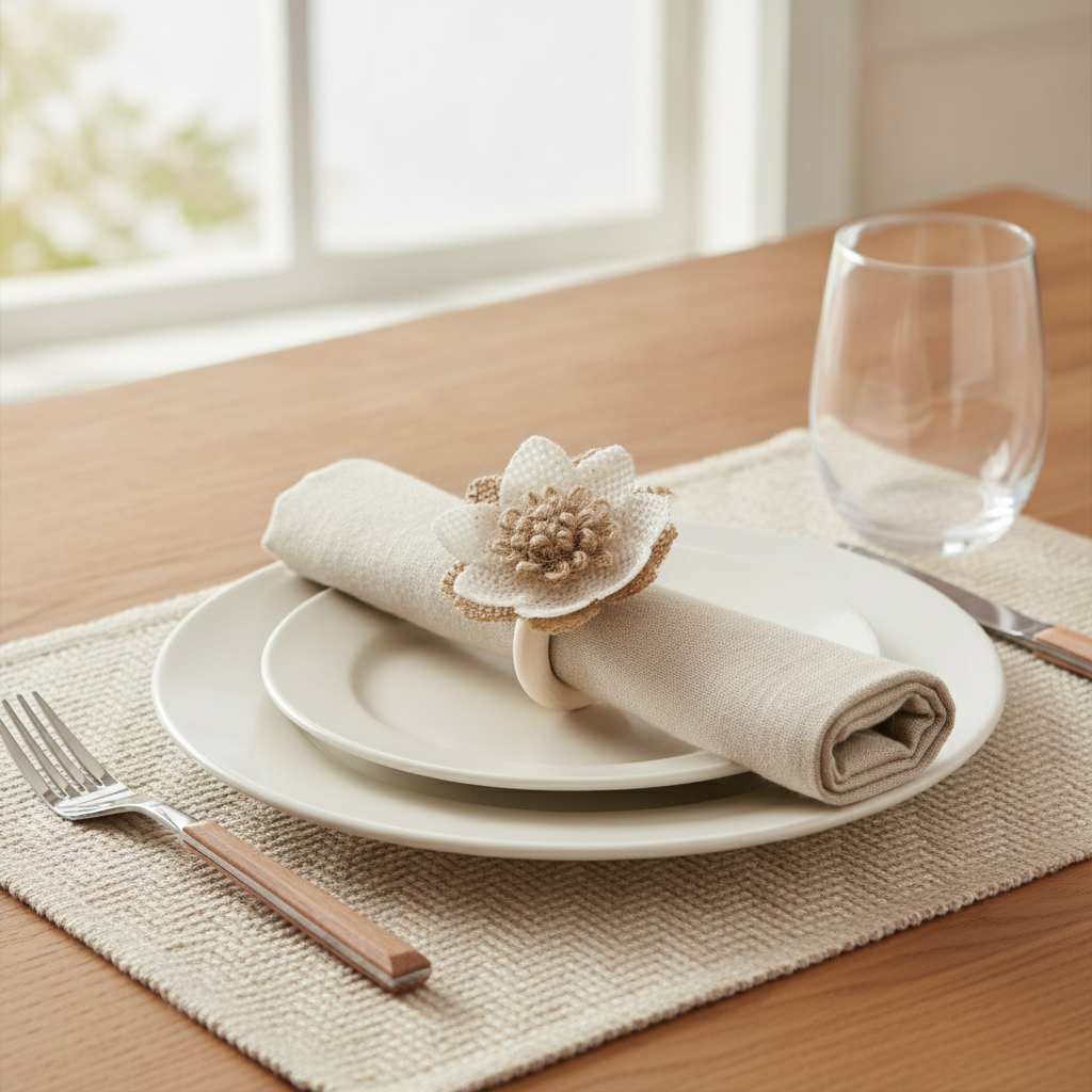 Boho burlap jute flower napkin ring around a folded linen napkin in an elegant neutral place setting