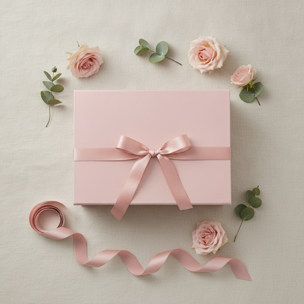 Overhead flat-lay of blush pink gift box with roses and ribbon on linen