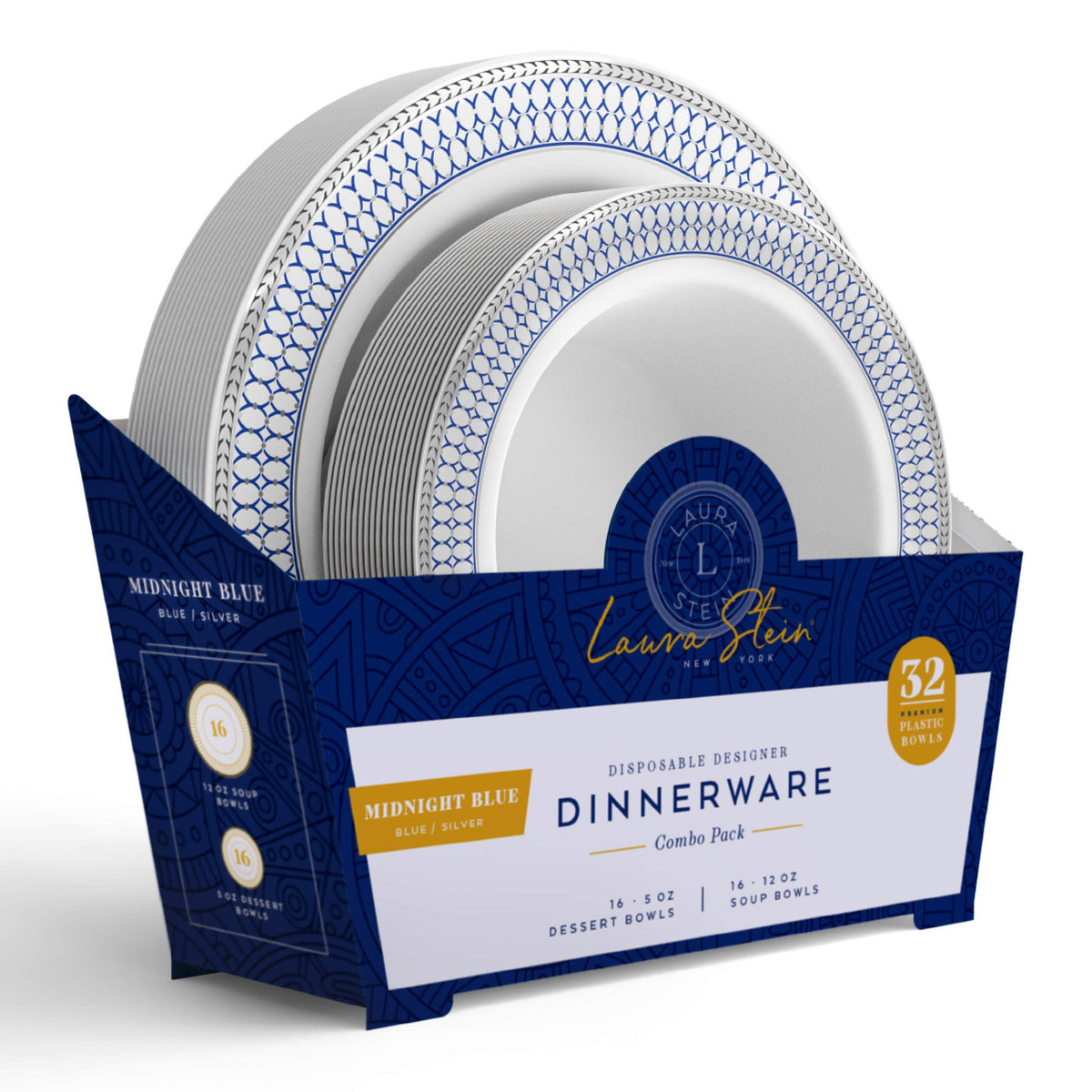 Disposable Bowl Set, 32-Piece, Blue with Silver Trim