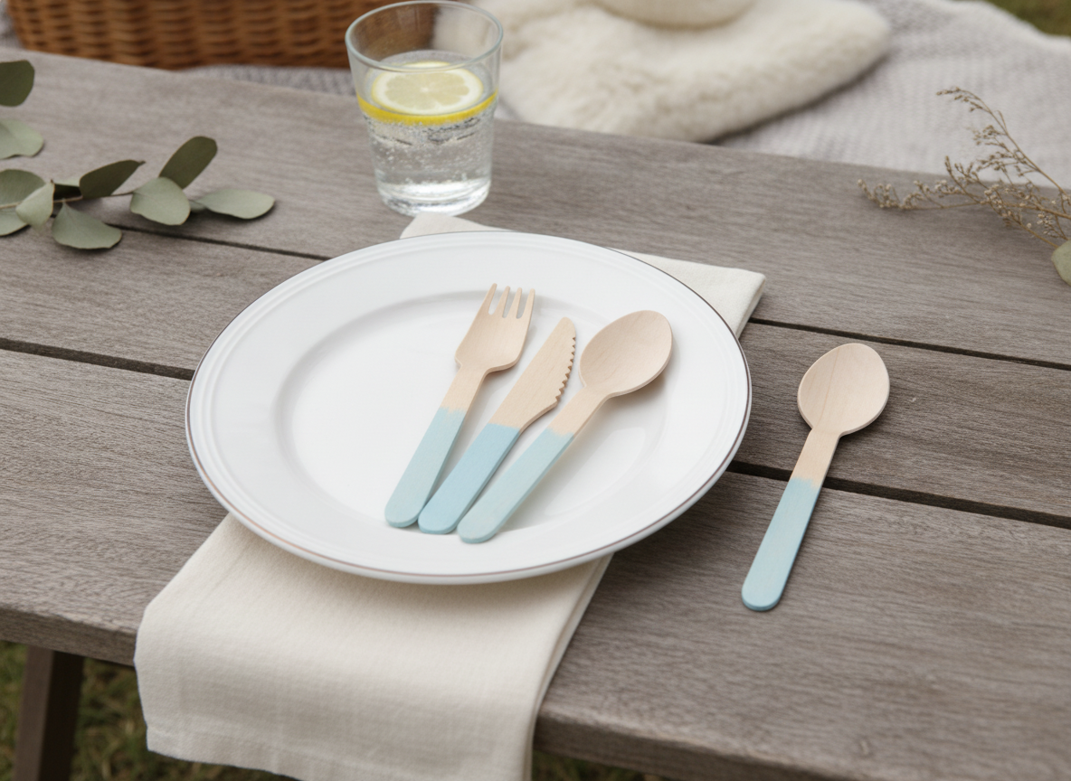 GreenWood wooden cutlery in an elegant outdoor picnic place setting