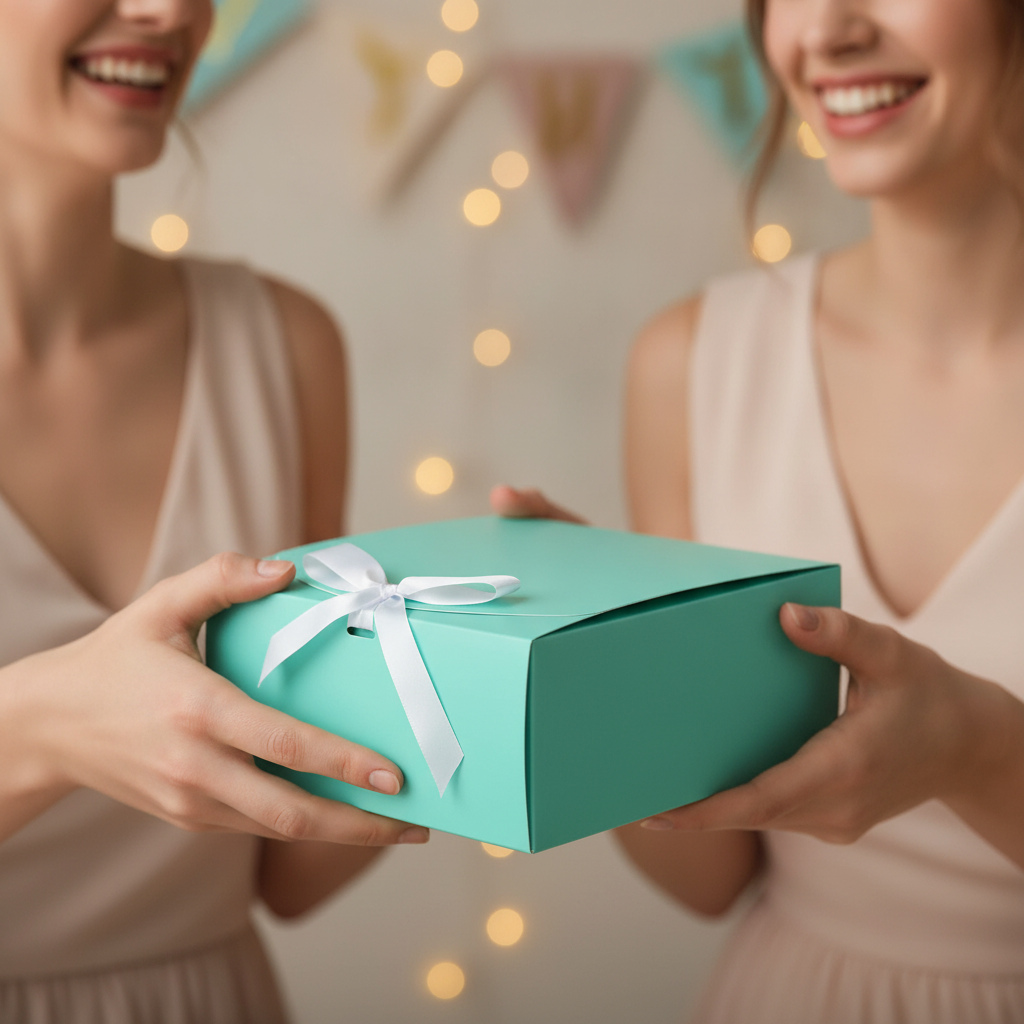 Handing a turquoise teal gift box with white ribbon as a bridesmaid proposal