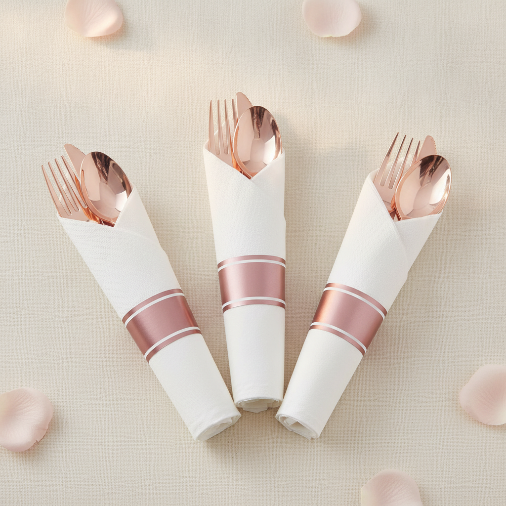 Fan of pre-rolled white-napkin rose-gold cutlery bundles with rose petals