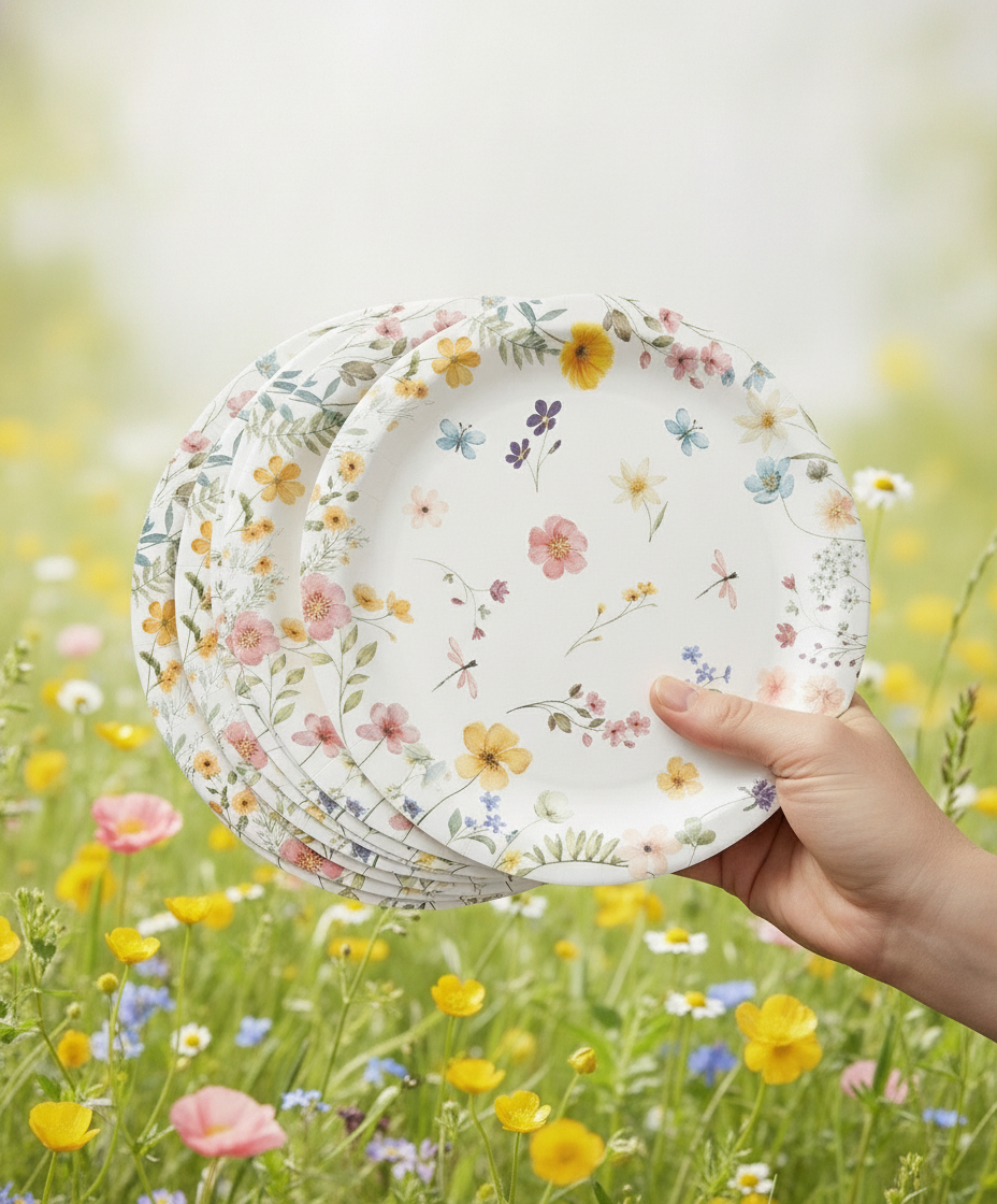 Fanned stack of thin scattered wildflower disposable paper party plates held in hand in a meadow