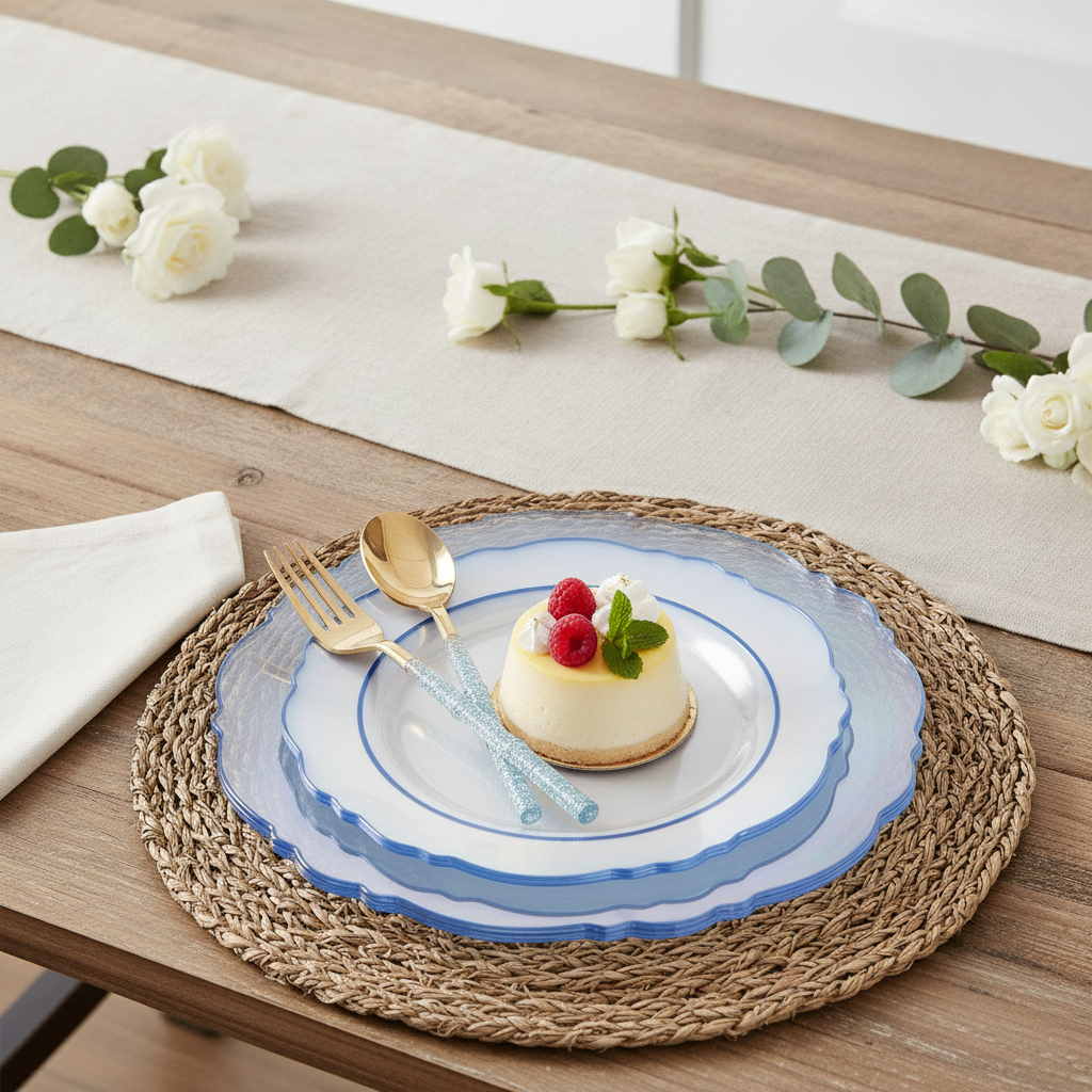 Clear blue baroque plastic plate with dessert on a spring wedding table
