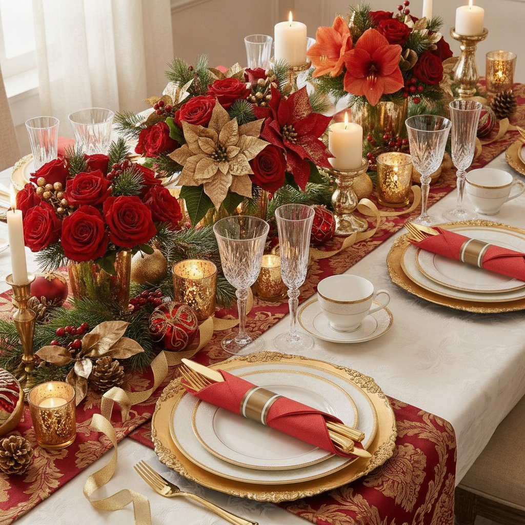 Elegant Christmas reception place setting with a gold and red cutlery bundle
