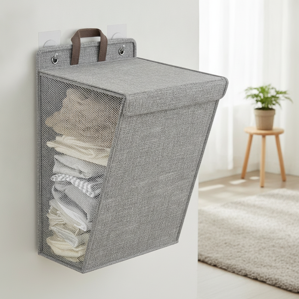 Gray wall-hung storage organizer holding folded laundry in a bedroom corner