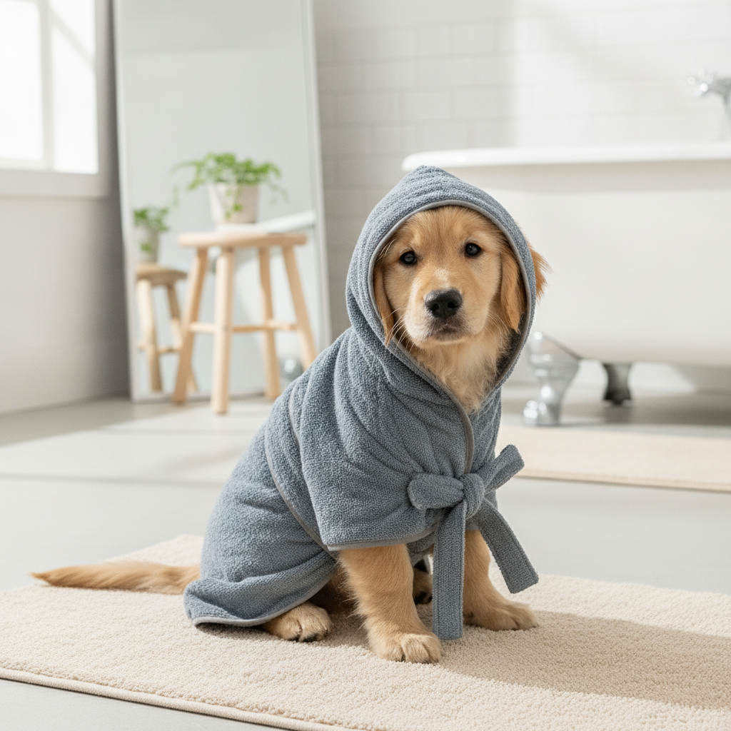 Fluffy dog wearing the grey hooded terry-cloth drying robe on a bath mat