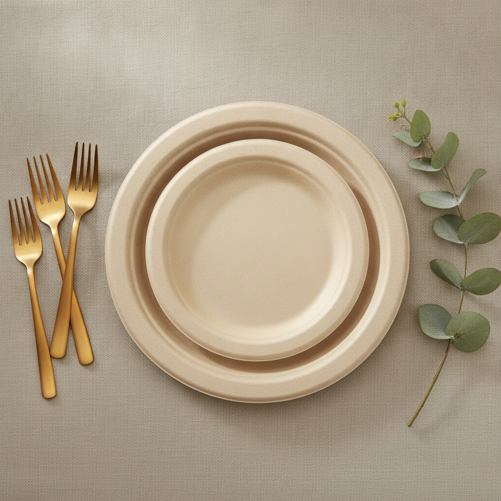 Overhead flat-lay of stacked natural tan bagasse compostable plates with eucalyptus