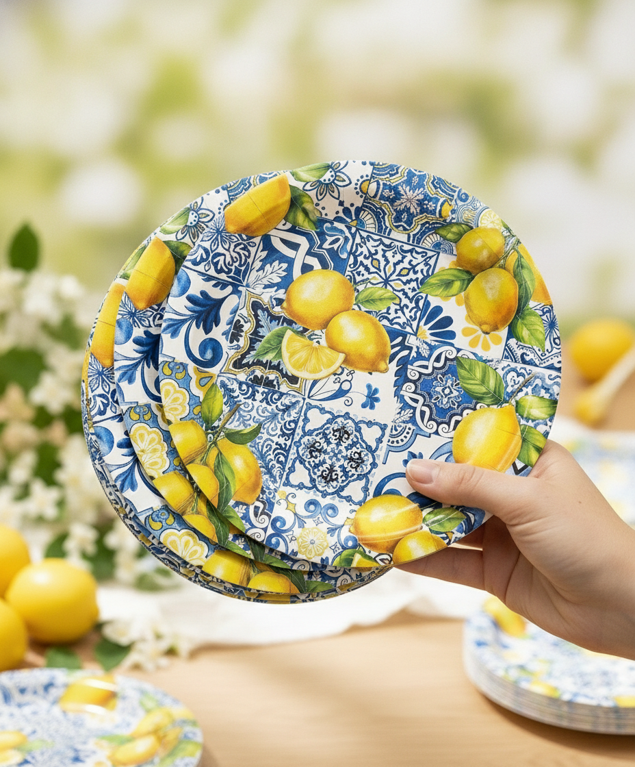 Fanned stack of thin lemon tile disposable paper party plates held in hand at a garden party