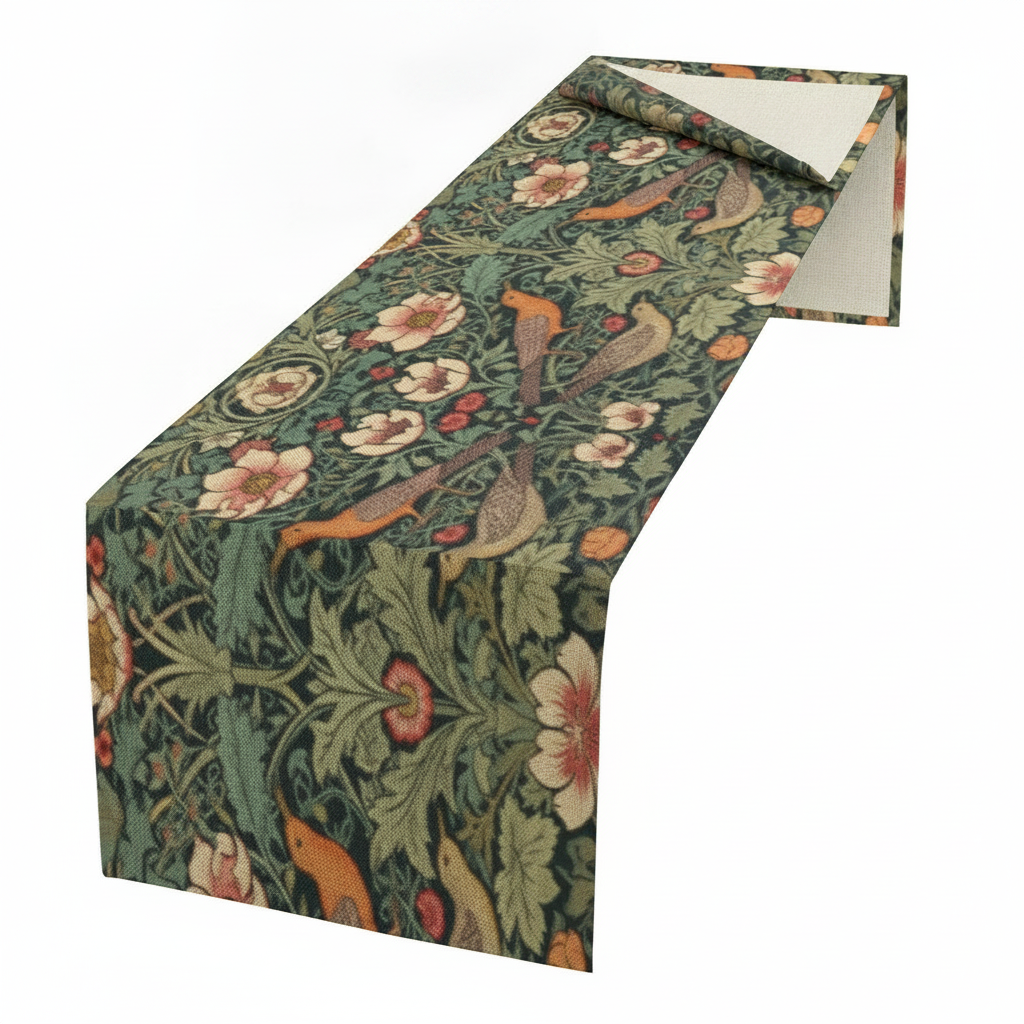 Forest green vintage bird and floral table runner draped on white, showing pink flowers and orange birds