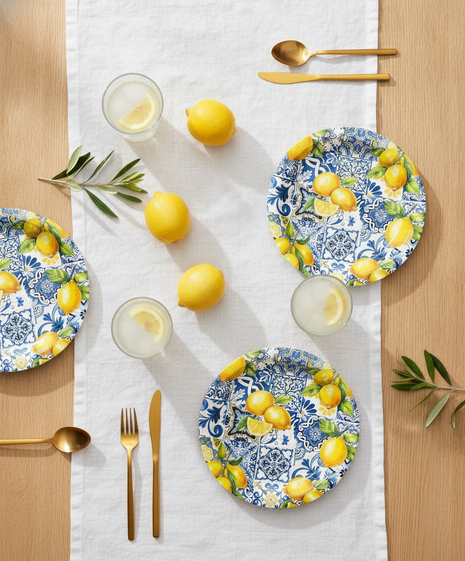 Mediterranean summer lunch tablescape with lemon tile disposable paper plates and fresh lemons
