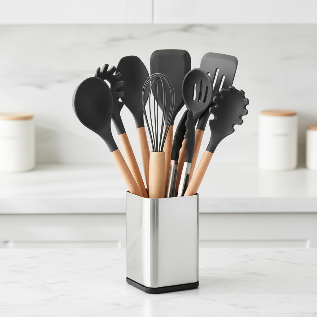 Black silicone and beechwood cooking utensil set in a stainless holder on a marble counter