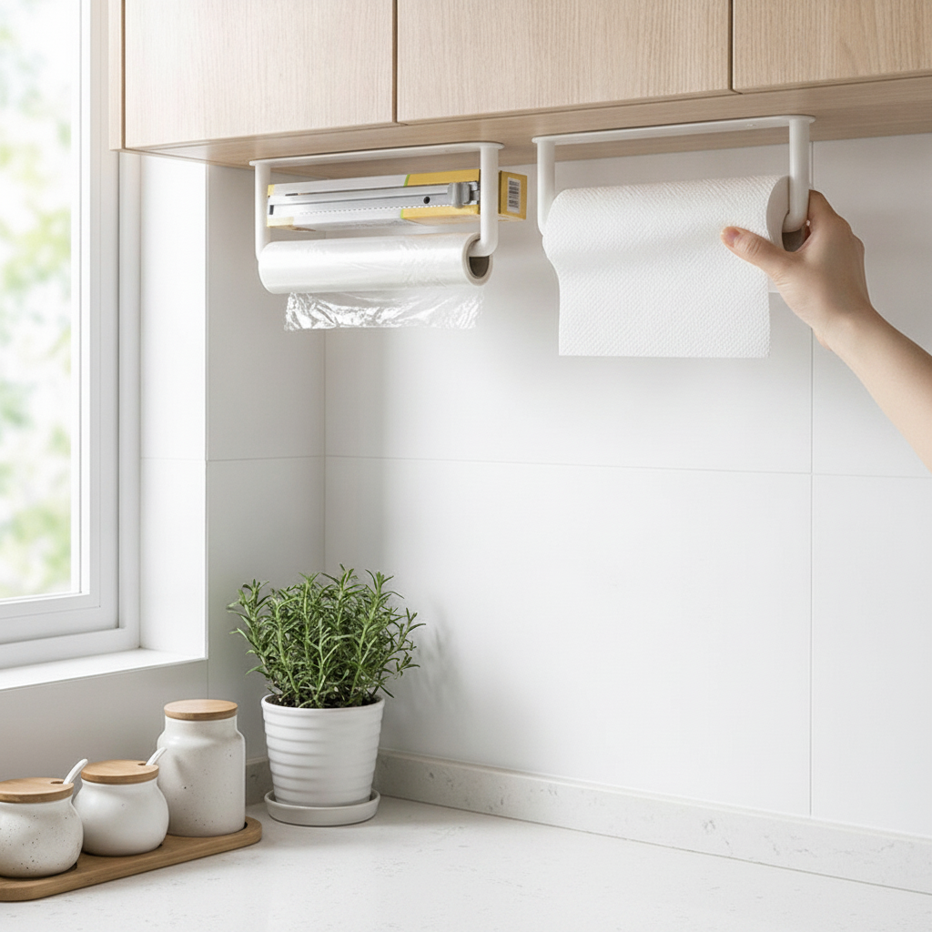 Close-up of the wall-mount organizer holding paper towel and cling film rolls with a hand tearing a sheet