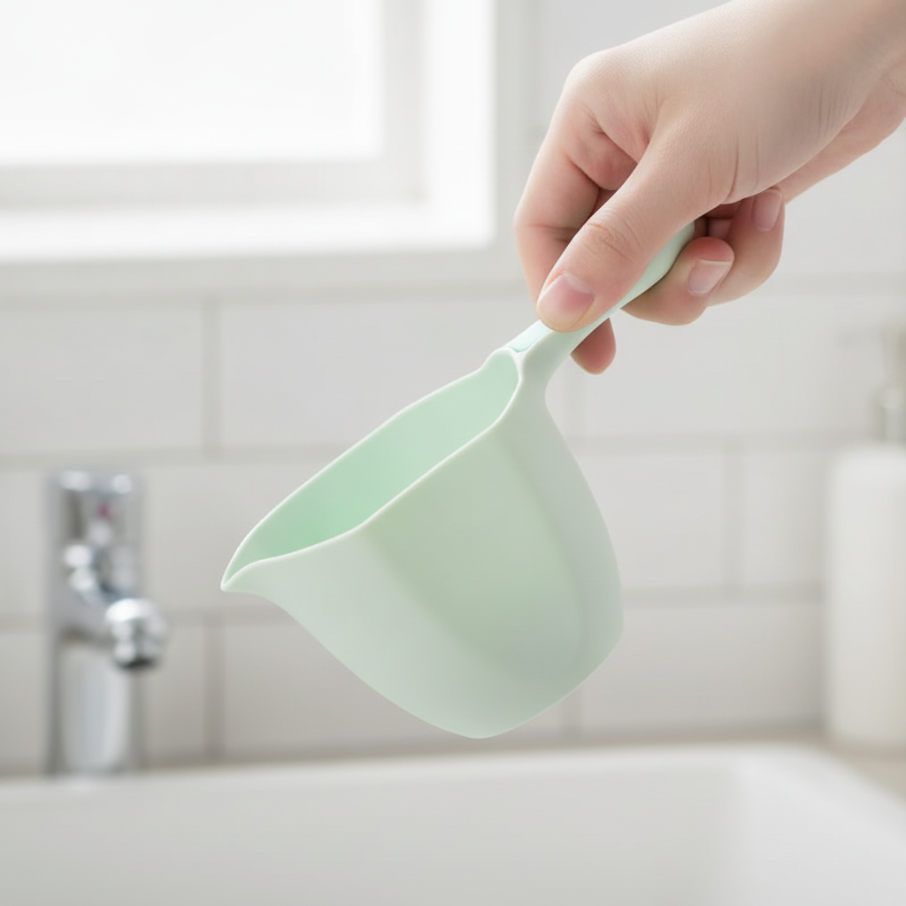 Hand holding the kids bath rinse cup tilted to pour water