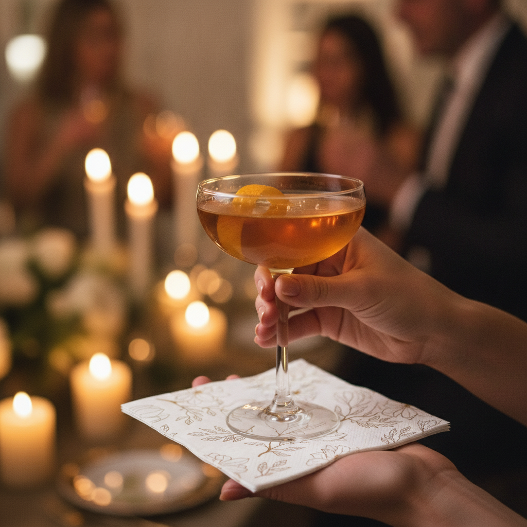 Hand holding a cocktail glass on a white and gold floral paper napkin at a candlelit party