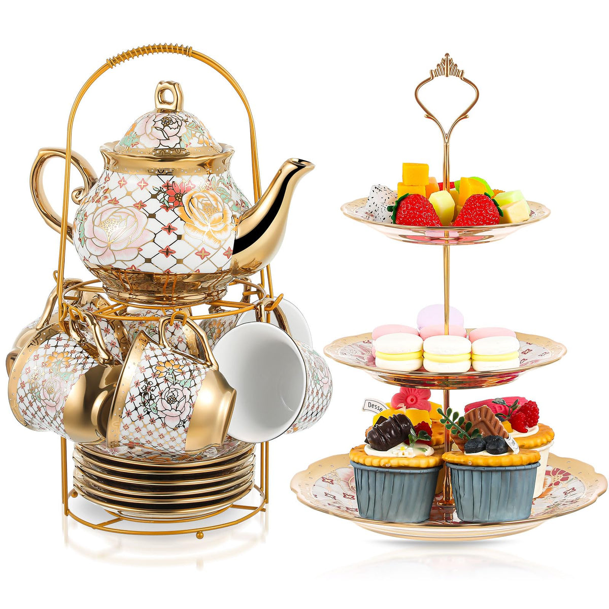 European Ceramic Tea Set with Cake Stand, 21-Piece