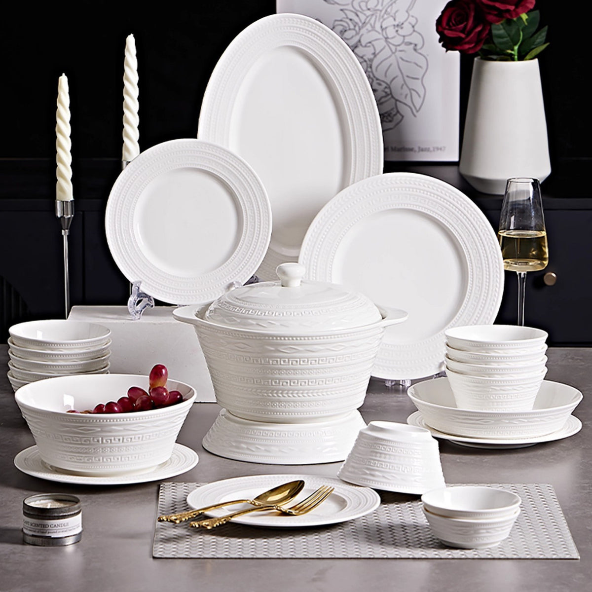Jingdezhen Embossed White Porcelain Dinnerware Set for 12, 74 pc