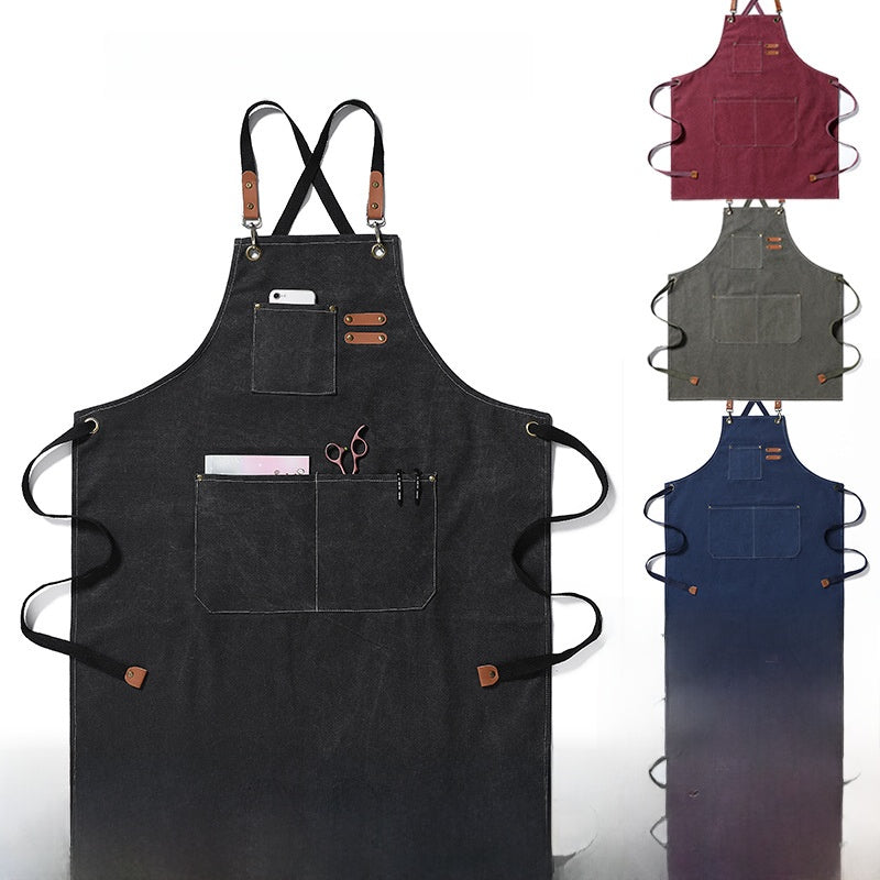 Waxed Canvas Cross-Back Apron with Leather Straps