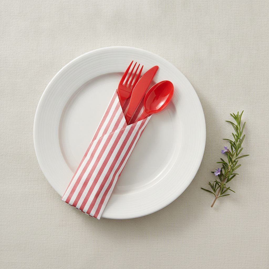Overhead flat lay of a place setting with a red cutlery bundle on a white plate