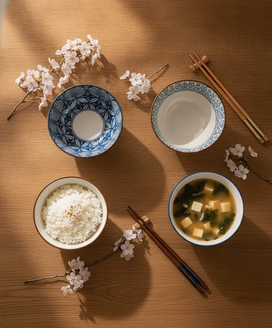 Overhead flat-lay of five blue floral porcelain bowls with chopsticks and blossoms