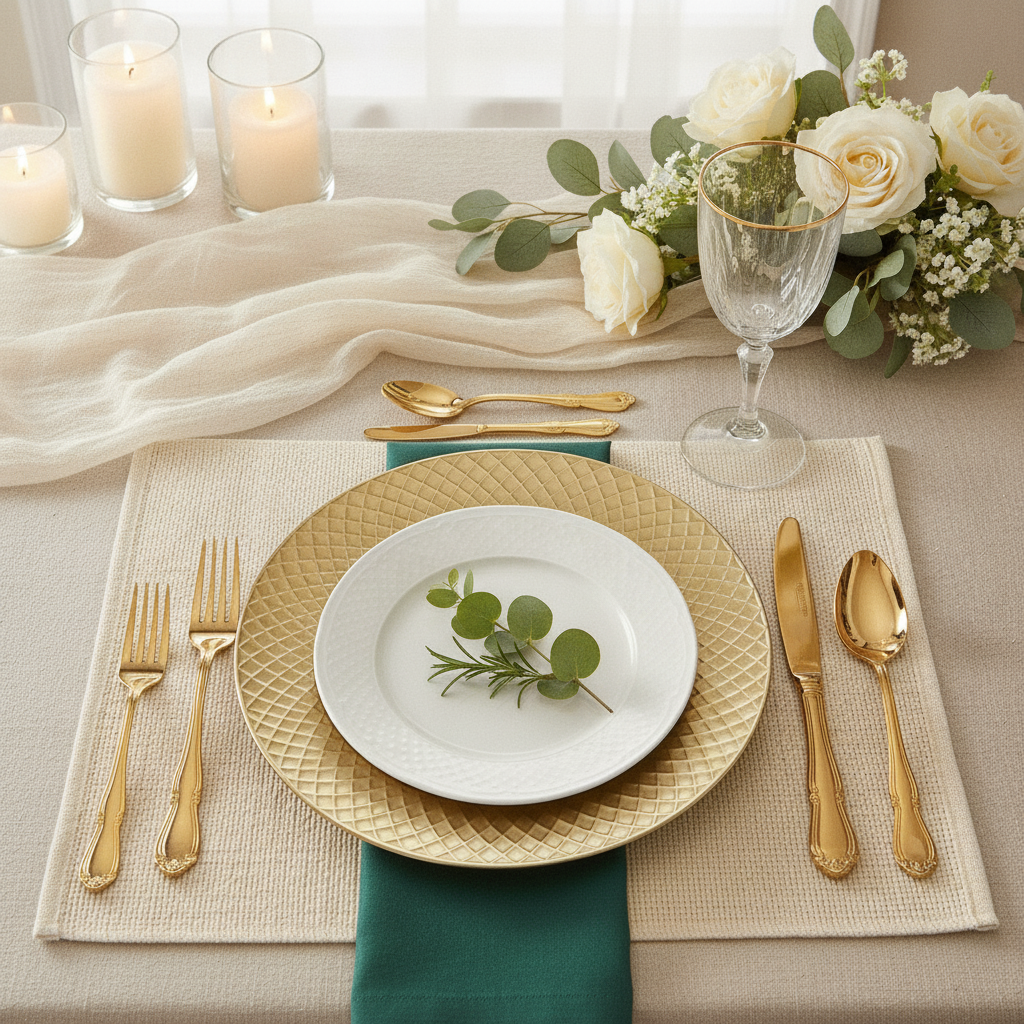 Antique gold charger plate setting a holiday table with candlelight