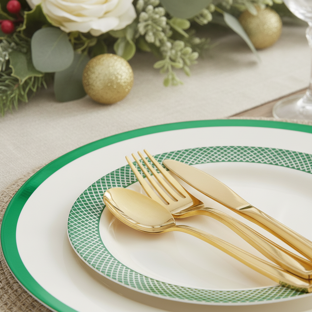 Close-up of green geometric trim on ivory disposable plate with gold fork