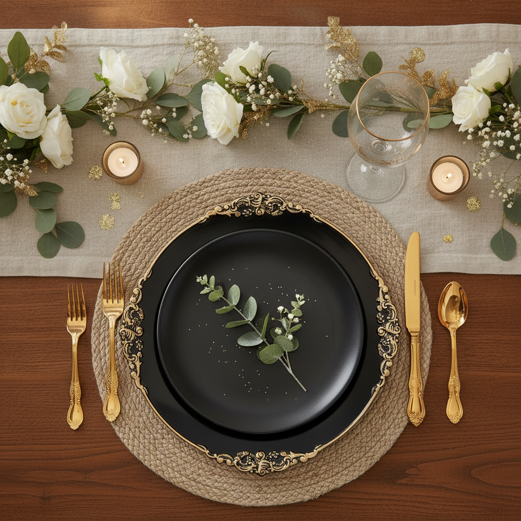Black and gold charger plate setting a luxe holiday table with candlelight