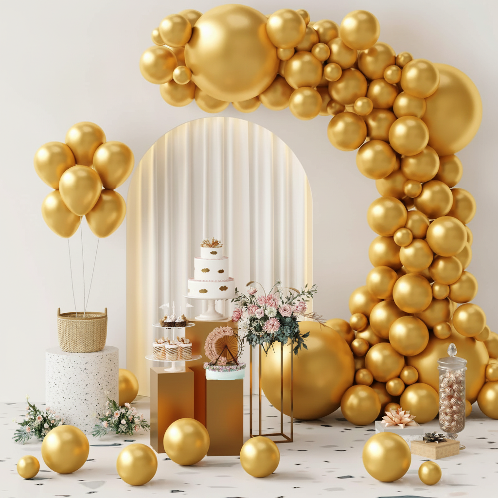 Metallic gold balloon garland arching over an elegant celebration dessert table with cake and florals