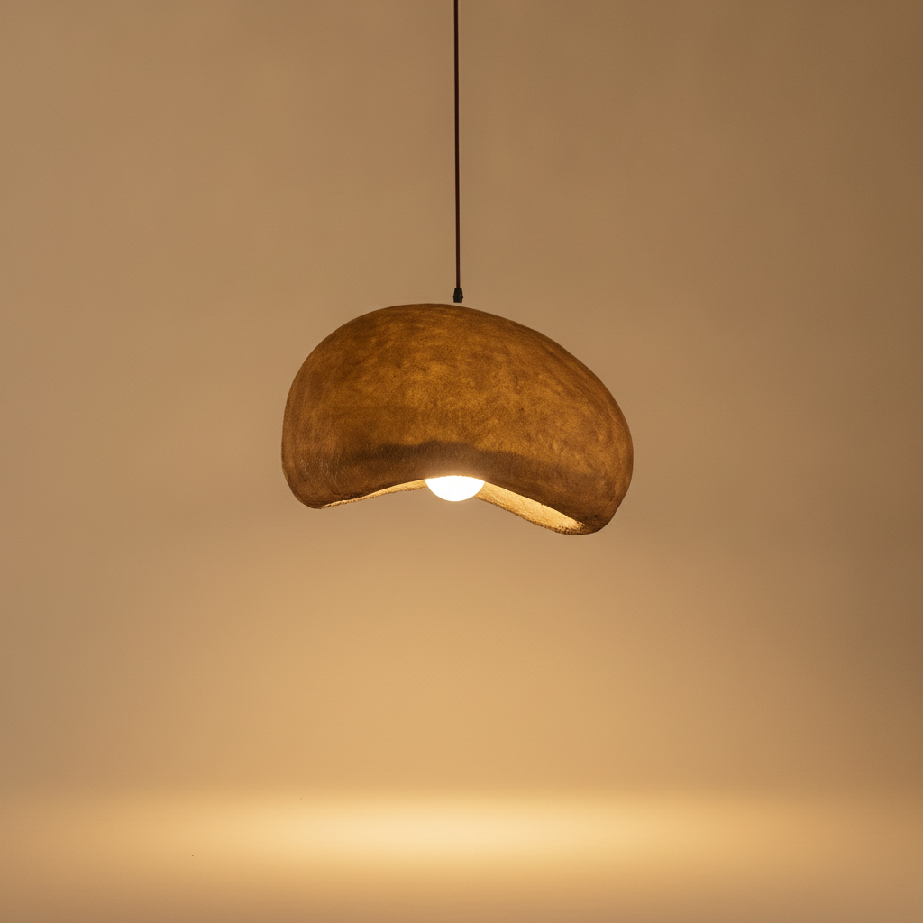 Nimbus wabi-sabi cloud pendant lamp glowing warm on a soft beige studio backdrop