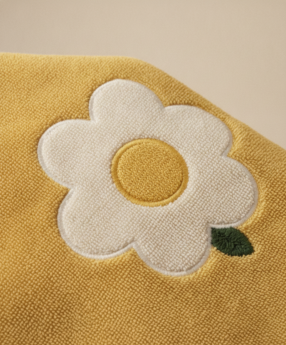 Macro detail of the stitched daisy embroidery on a soft yellow cotton face towel