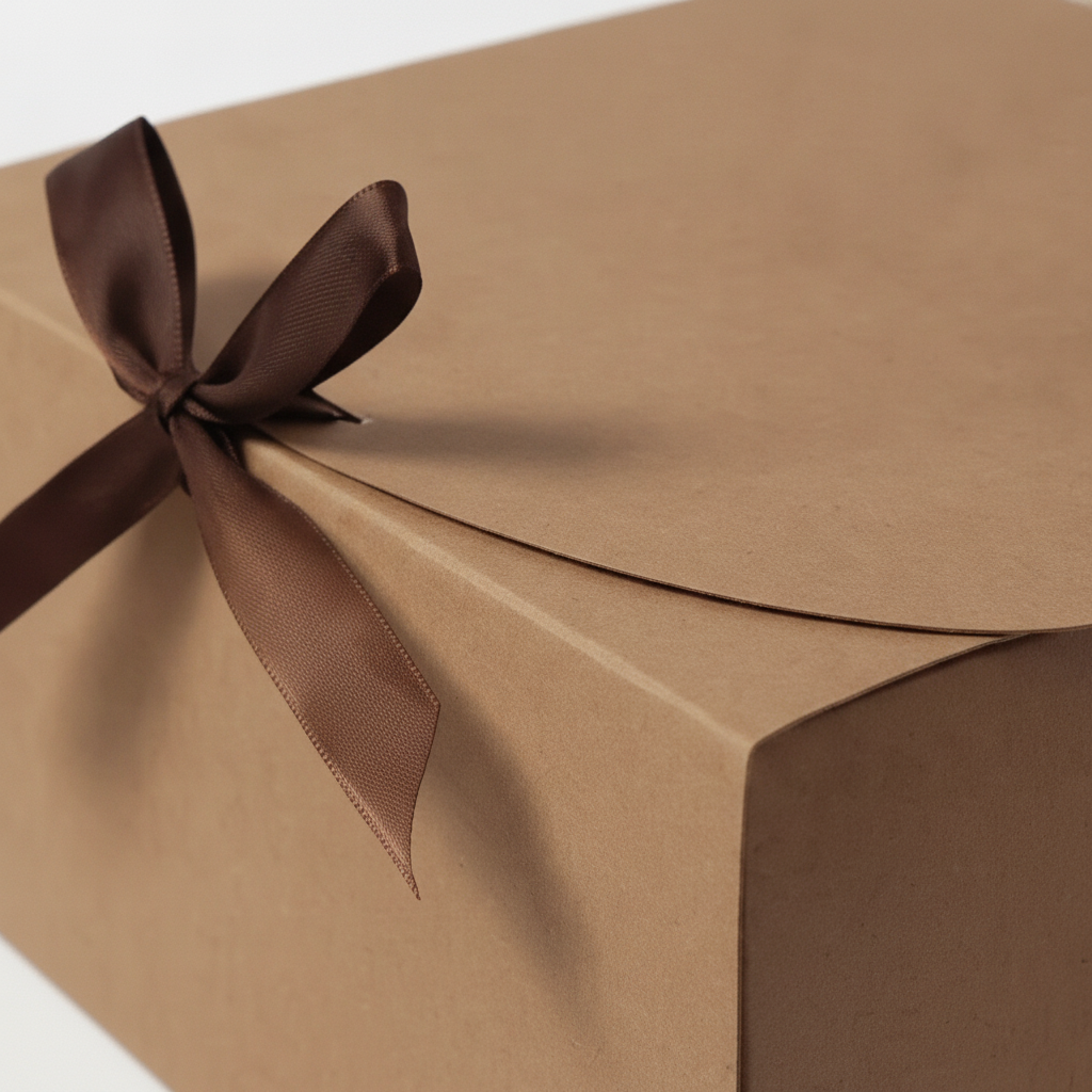 Close-up of brown ribbon bow and kraft paper texture on gift box