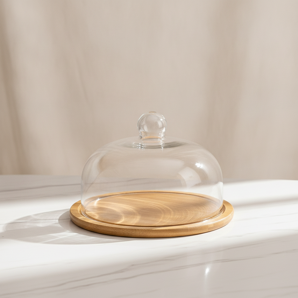 Empty glass dome fruit server with bamboo base on white marble