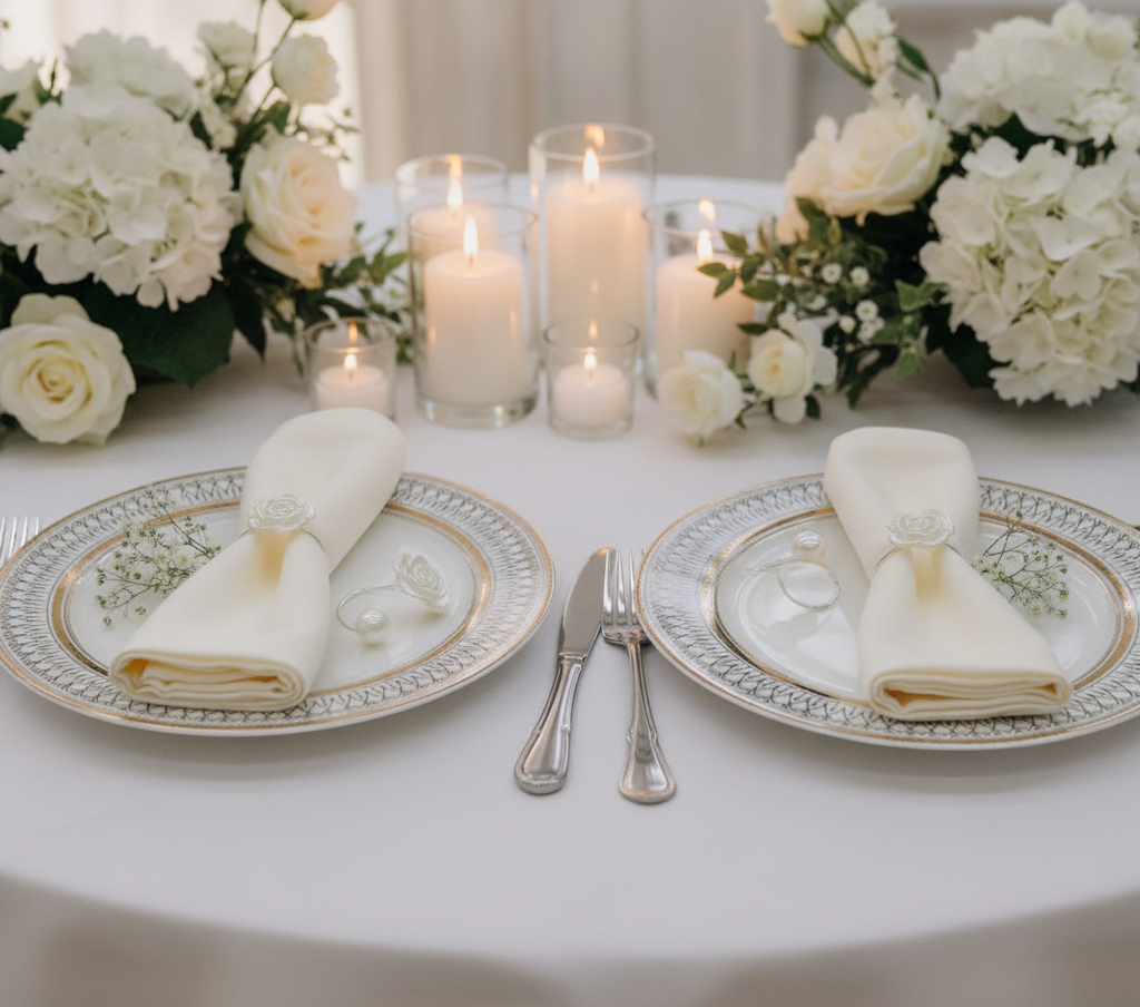 Wedding place settings with folded napkins held by silver rose-and-pearl napkin rings threaded through each napkin