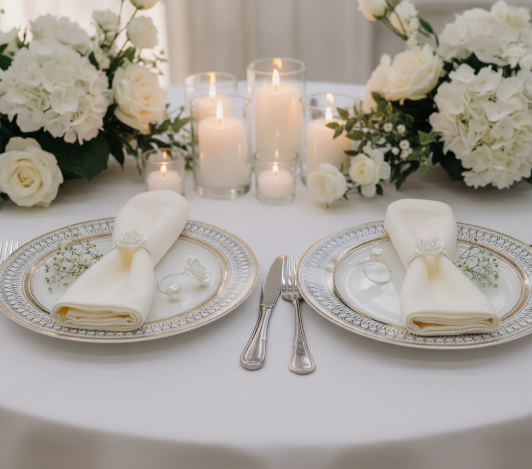 Wedding place settings with folded napkins held by silver rose-and-pearl napkin rings threaded through each napkin